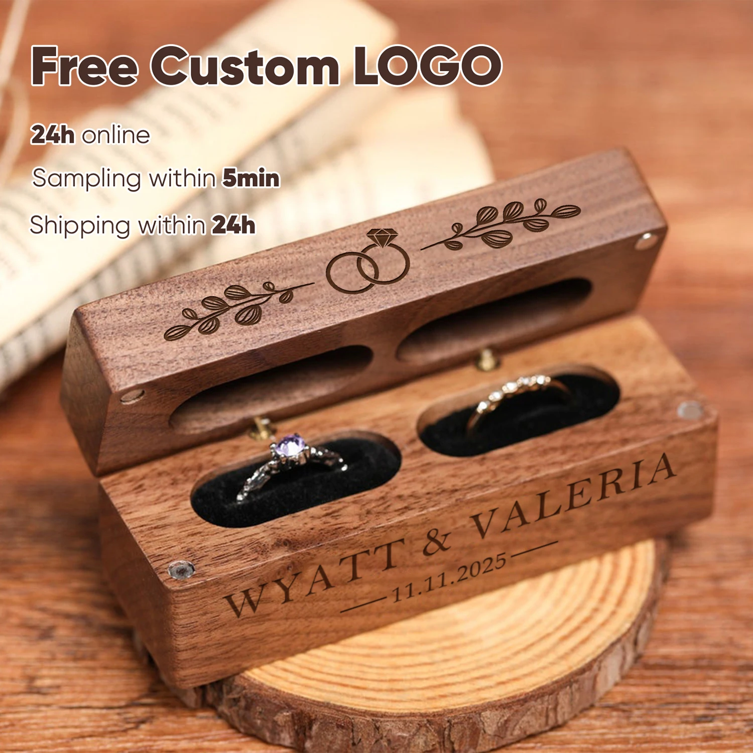 

Free Personalized Ring Box Ring Engagement Bearer Box Custom for Wedding Ceremony Jewelry Boxes Storage Proposal Birthday Gift