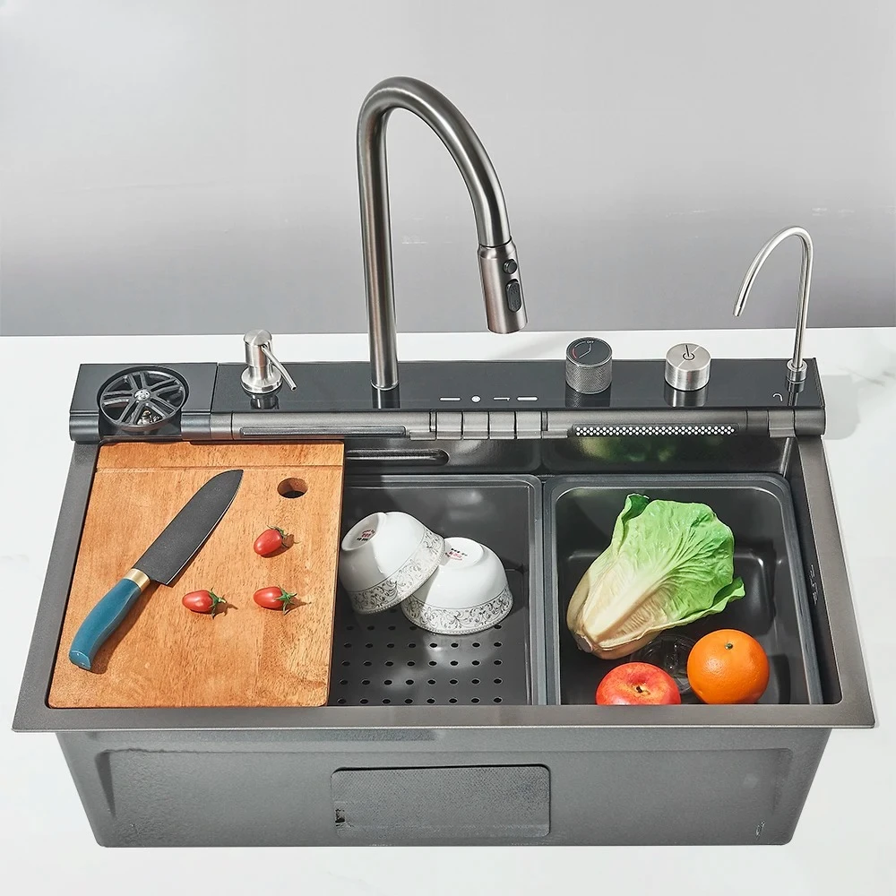 304 Stainless Steel Gun Grey Waterfall Kitchen Sink Large Single Slot with Faucet Soap Dispenser Cup Washer Dish Basin