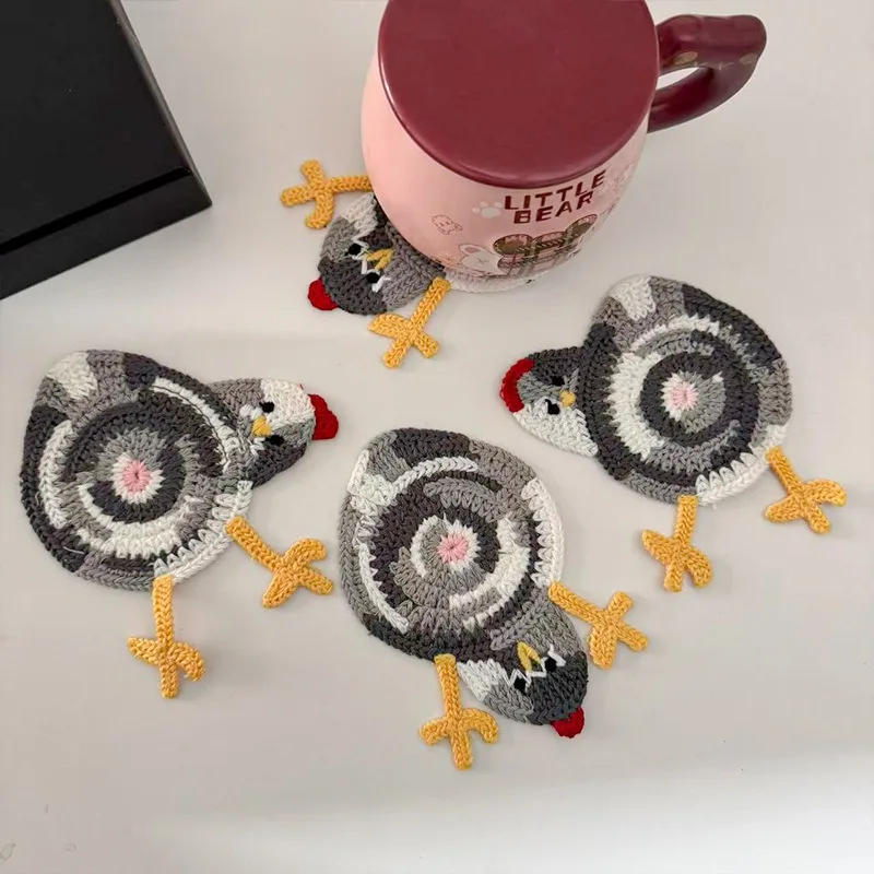 Chicken Coasters Heat Resistant Absorbent Drink Coaster Crochet Style Placemats for Kitchen Table Desk Bar Coffee Cup Home Decor