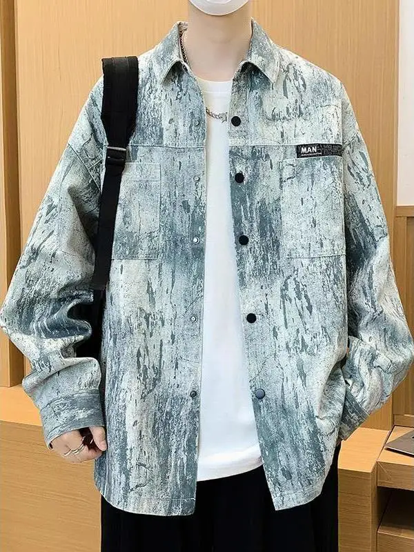 

Loose Fit Men's Workwear Jaet Large Size Dyed irt Sle Spring Autumn Trendy Brand Casual Loose Teenage Top Button Closure