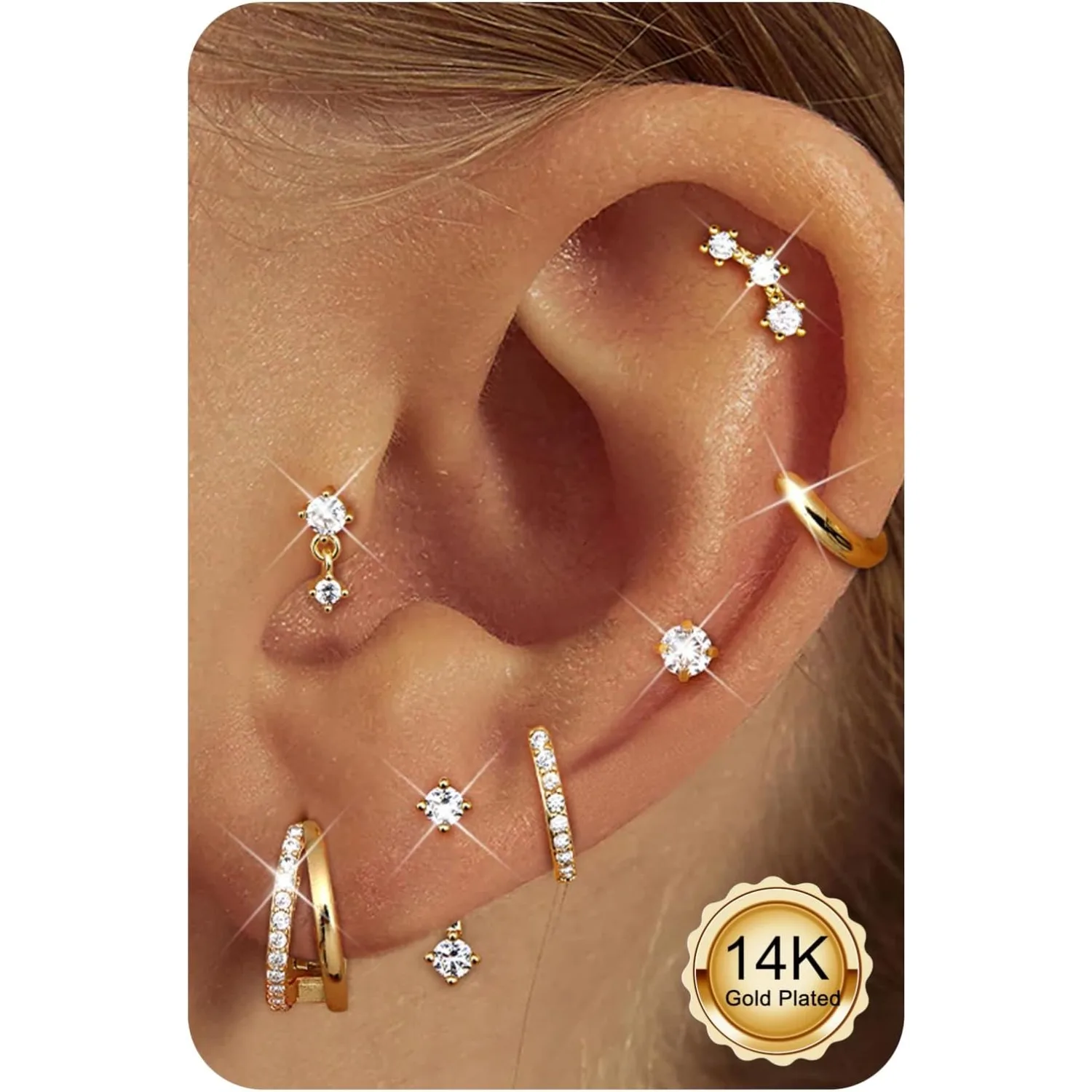 Drperfect - Juego de 7 Pares de Aretes Apilables Chapados en Oro de 14k para Mujer, Aros de Acero Quirúrgico con Parte Trasera Plana, Set de Aretes de Botón, Joyería para Piercing, Regalo