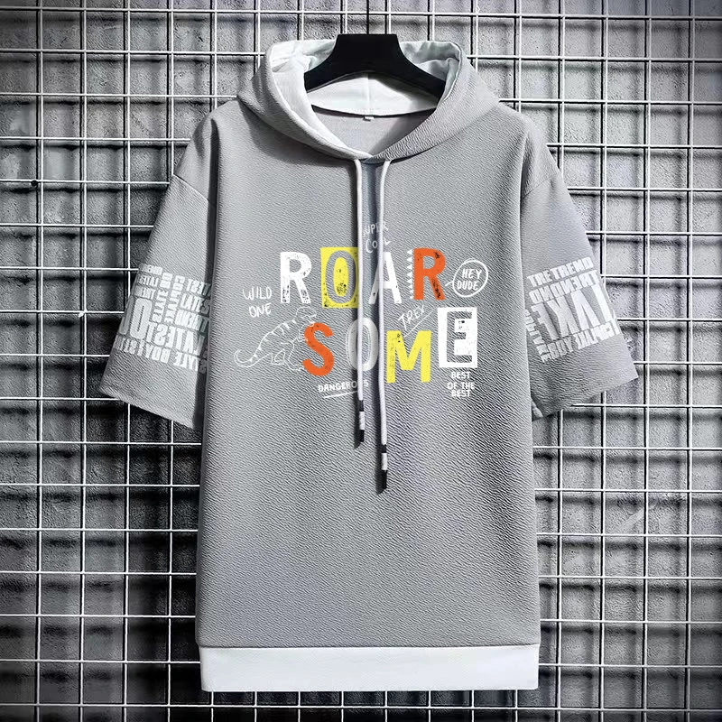 Korean Version Of The Trend Of Men\'s Hooded Printed T-Shirt Youth Spring Summer Thin Clothes Everyday Casual Short Sleeves Tops