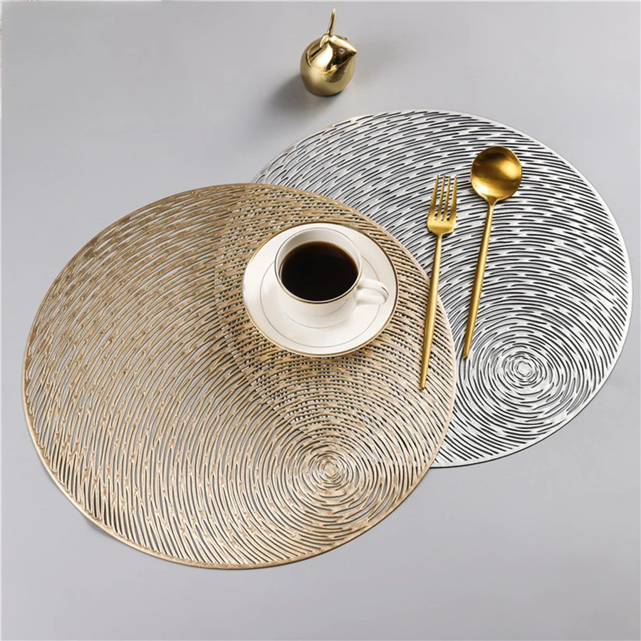 

Gold Silvery Round Placemats Kitchen PVC Mats for Dining Tables Drink Coasters Set Coffee Cup Pad Hotel Restaurant