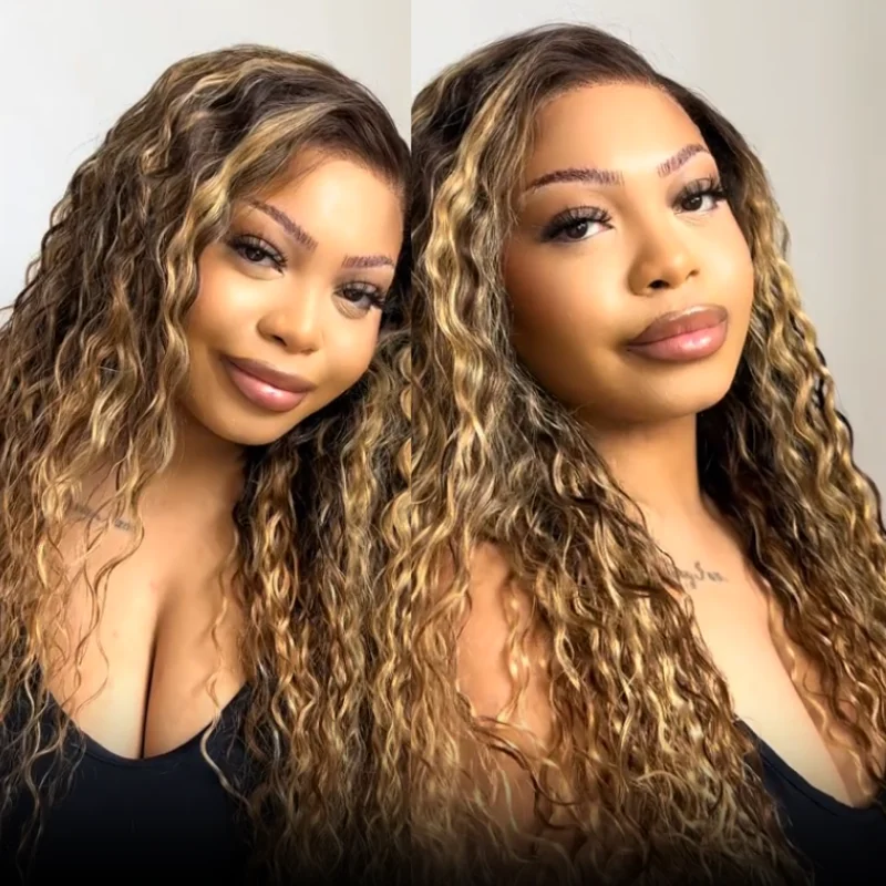 Klaiyi 13x4 Glueless Human Hair Wig Honey Blonde Brown Highlight Wig Breathable Cap With Flexible Drawstring