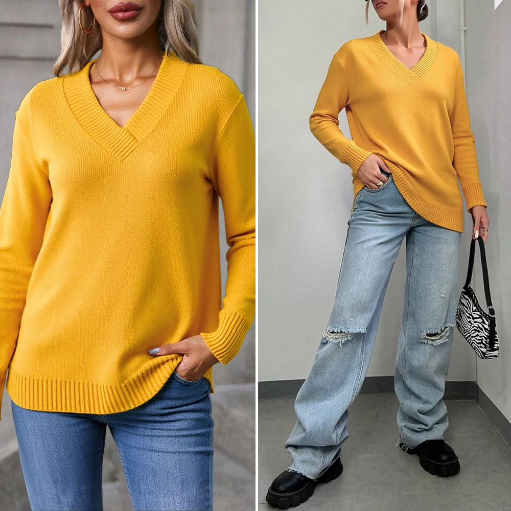 

Women's Sweater 2025 Autumn Spring Soft Warm Long Sleeve V-Neck Knitted Casual Cozy Pullover Sweater