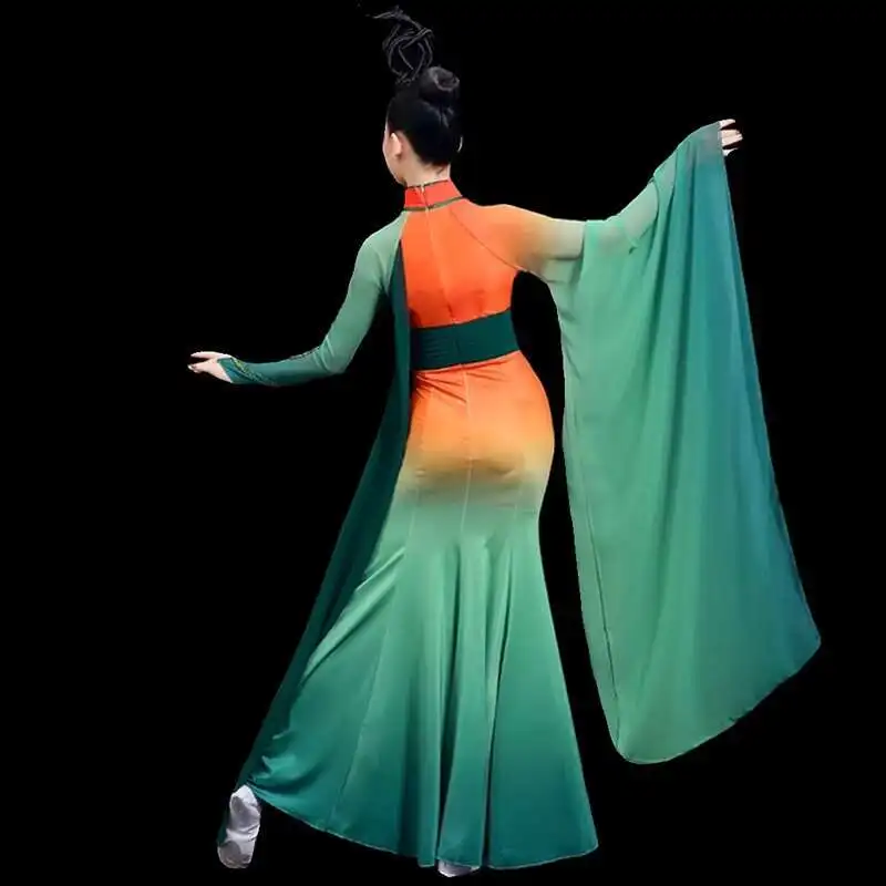 زي رقص الأغنية البرتقالية من Qu Yuan بأكمام واسعة، تنورة خالدة متدفقة، هانفو القديمة، دراما الرقص الكلاسيكي هان تانغ