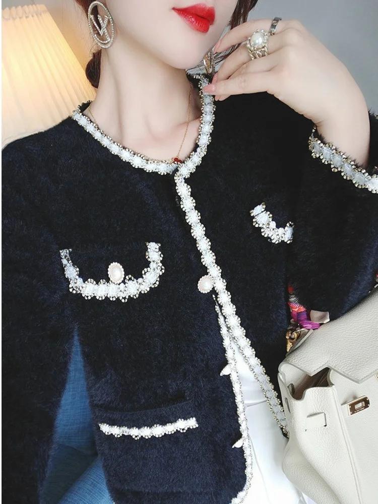 

Elegant Solid Color Coat New Fashion Mink Fleece Round Neck Short Cardigan Tops Women's Wear 2022 Autumn Overcoats H010