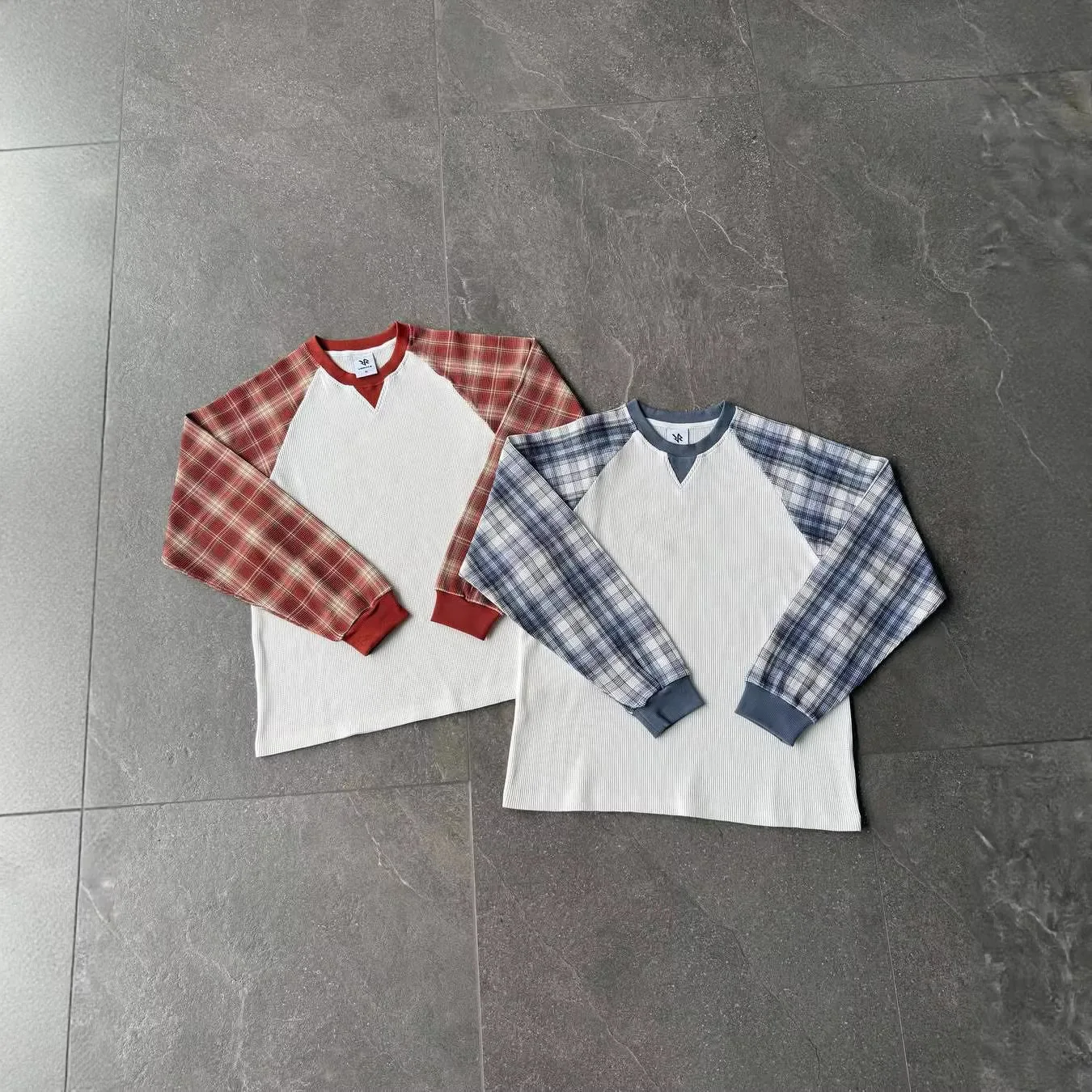 Retro Trend Round Neck Long Sleeve Waffle T-Shirt Plaid Color Matching Design Autumn and Winter Fashion Trend New Unisex
