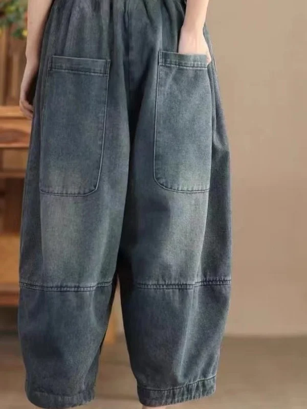Handmade Vintage Women's Jeans Elastic Waist Slimming Harlan Casual Pants Cotton High Waist Loose Fit Summer Collection