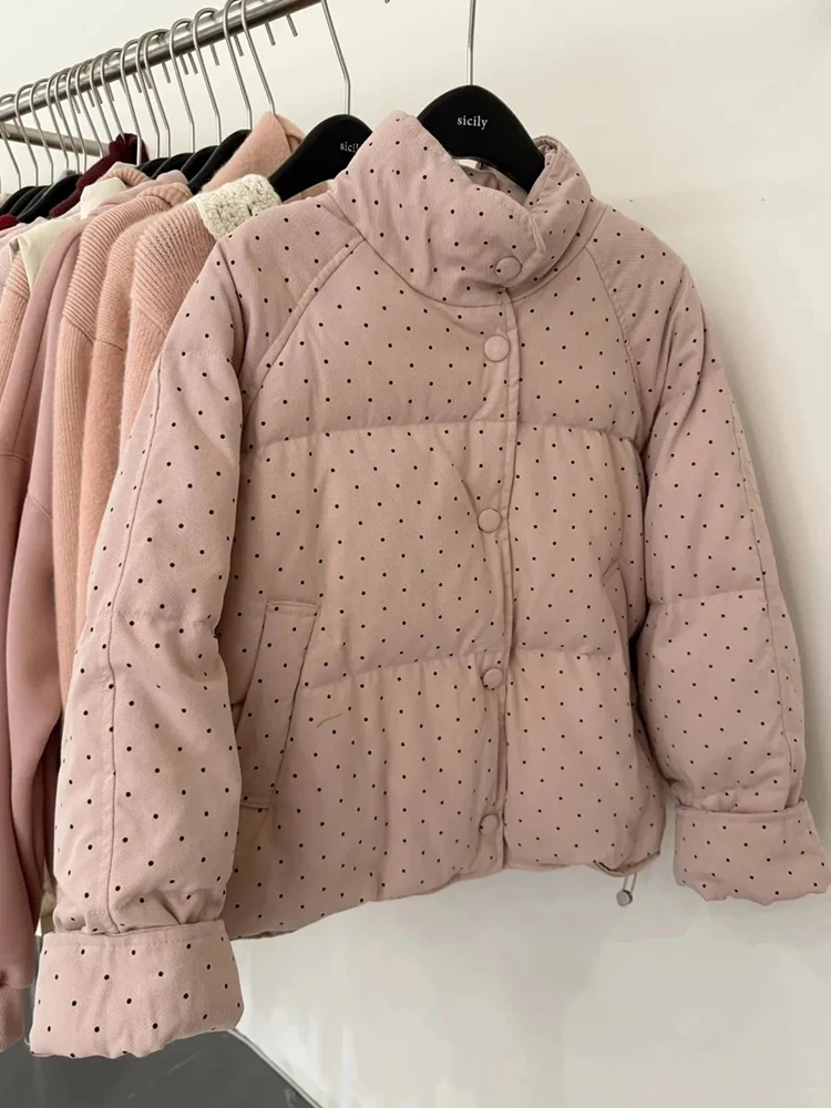 

Stand Collar Polka Dots Parkas Women Winter Warm Loose Casual Sweet Puffy Coats Korean Long Sleeve Button All Match Chic Outwear