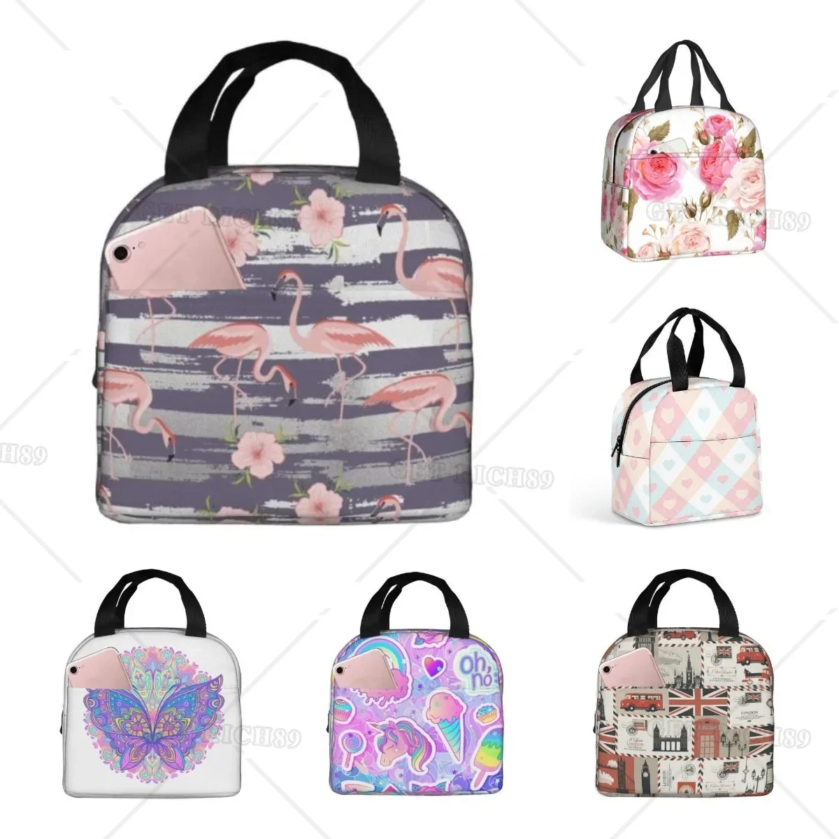 Roze Flamingo Paarse Grijze Strepen Geïsoleerde Lunch Tas Voor Vrouwen Meisjes Koeler Rugzak Herbruikbare Draagbare Lunchbox Draagtas