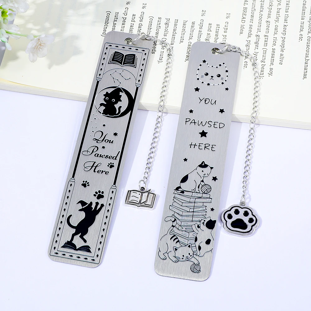 

Cute Magic Book Cat Stainless Steel Bookmarks with Cat Paw & Book Charms, Perfect Gifts for Cat Lovers