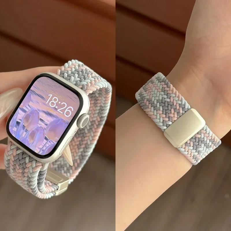 Nylon Braided Loop Strap For Apple Watch Ultra 2 49mm 11 10 9 8 7 45mm 41/42/46mm Magnetic Wristband For iWatch 6 5 4 SE 44/40mm