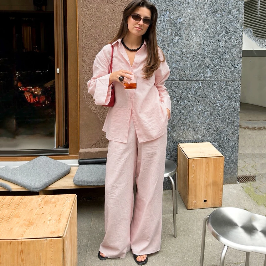 Linad Casual Pink Cotton Linen Long Pants Suits 2026 Street Chic Lapel Shirts With Loose Trousers Two Piece Sets Women Autumn