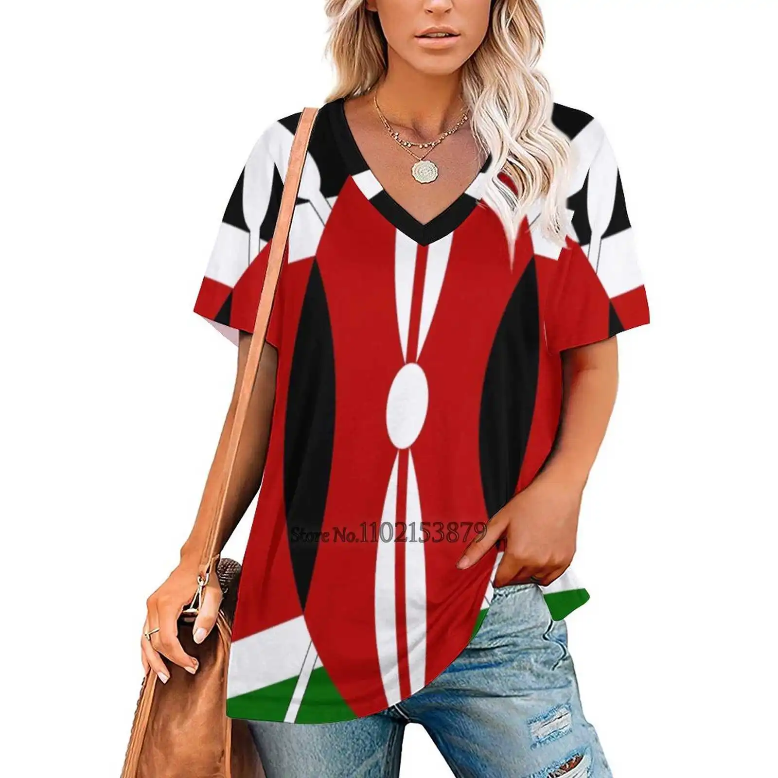 Flag Of Kenya Women's T-Shirt Casual Short Sleeved Tops V-Neck Zipper Tee Ladies Loose T Shirts Kenya Kenyan Kenya Flag Flag Of