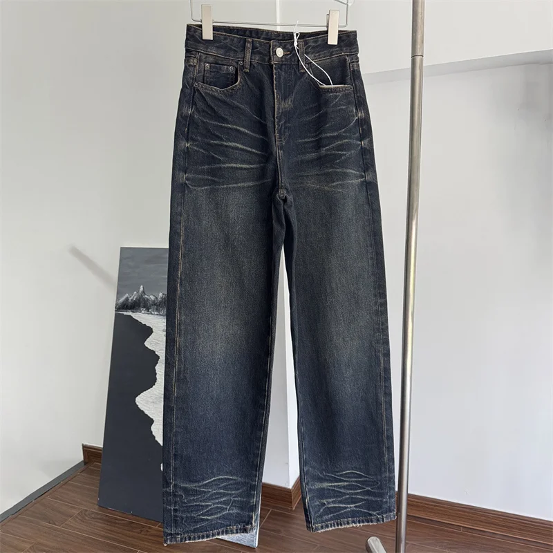 Jeans de algodão puro vintage feminino, calça de couro, decoração de bolso, cintura baixa, calça reta, novo, outono, 2024