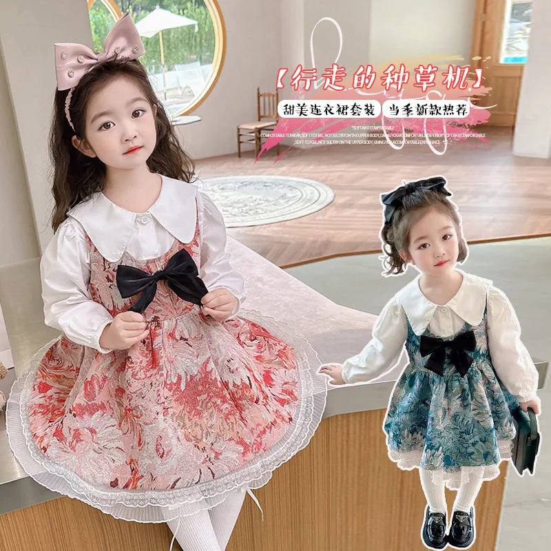 

Girls' dress spring and autumn clothing2024new long-sleeved baby girl shirt princess skirt suit two-piece set