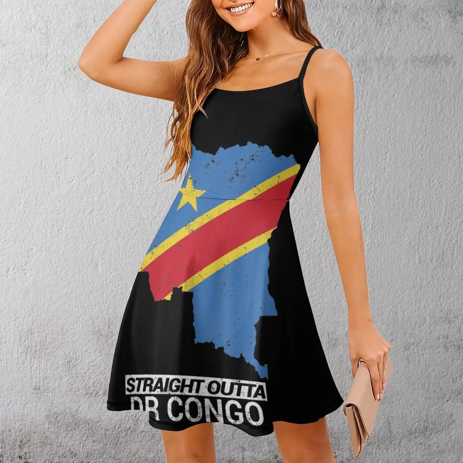 Exotic Straight Outta Democratic Republic of The Congo ( DRC ) Country Map & Flag Women's Sling Dress Funny  Parties  Woman's Dr