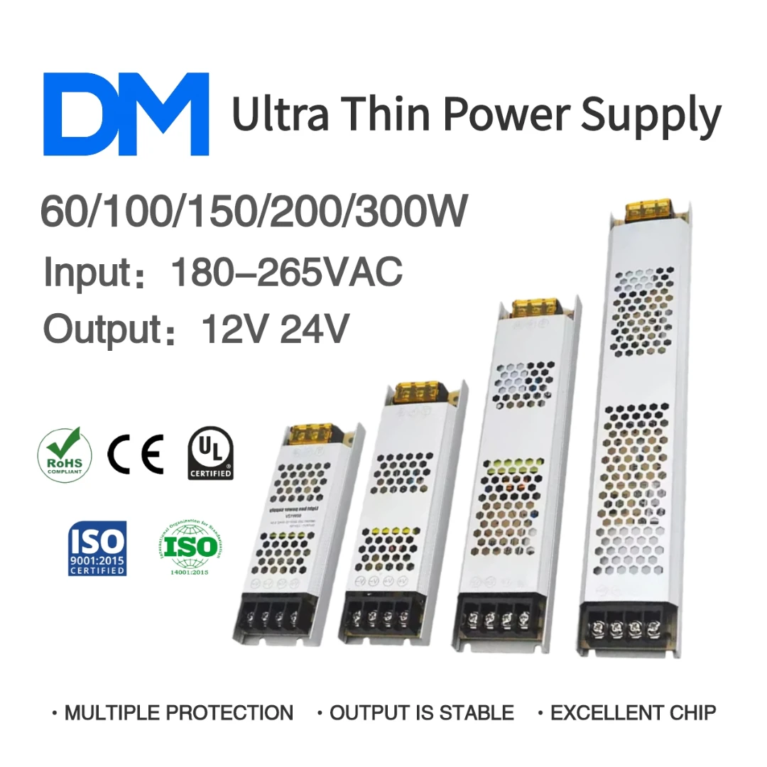 

AC 180-265V to DC 12/24V 60/100/150/200/300W Upgraded version Ultra Thin LED Power Supply For LED Strip 100% Power LED Driver