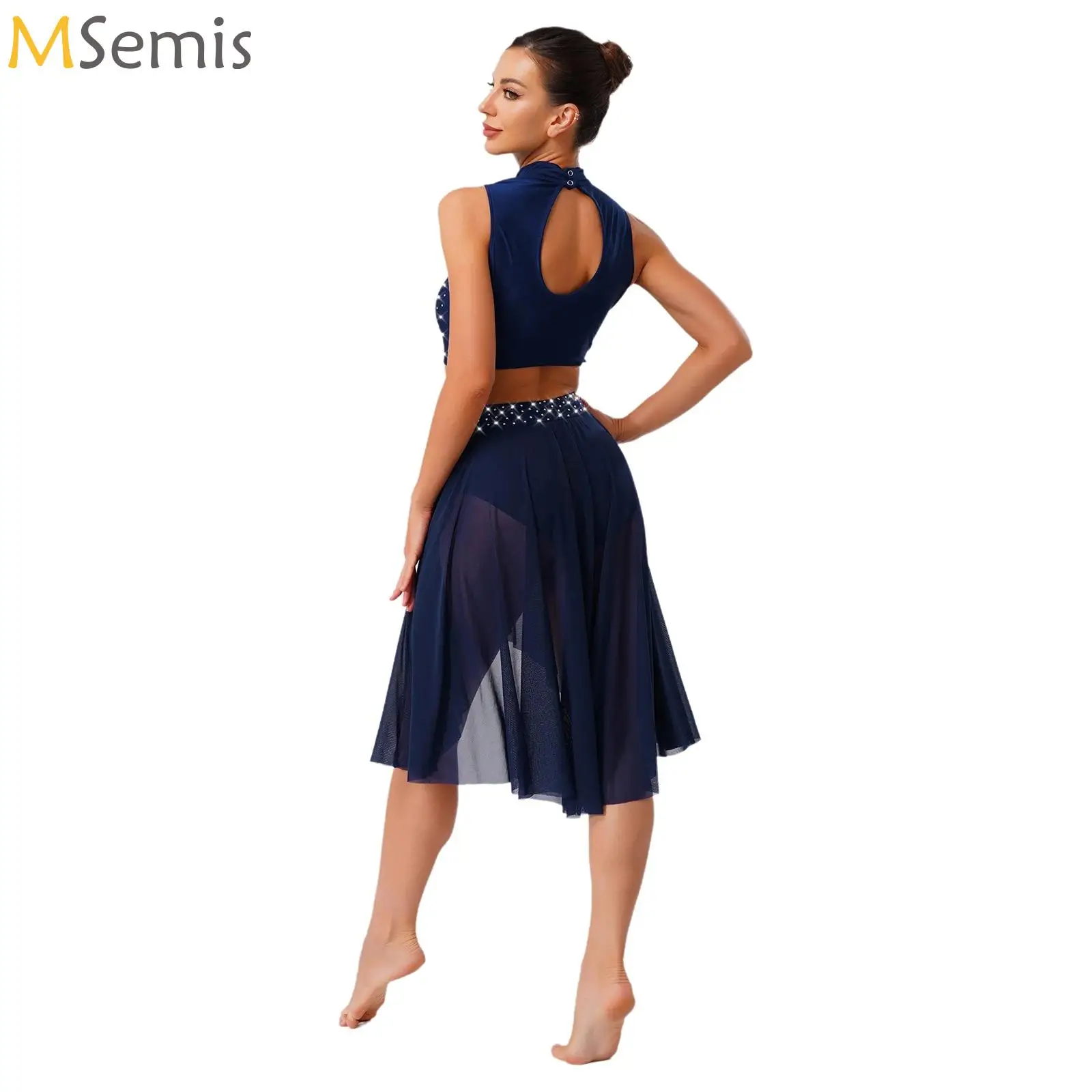 

Womens Mesh Modern Dance Suit Ballet Body Suit Hollow Out Crop Top with Skirts Training Dance School Group Performance Costume