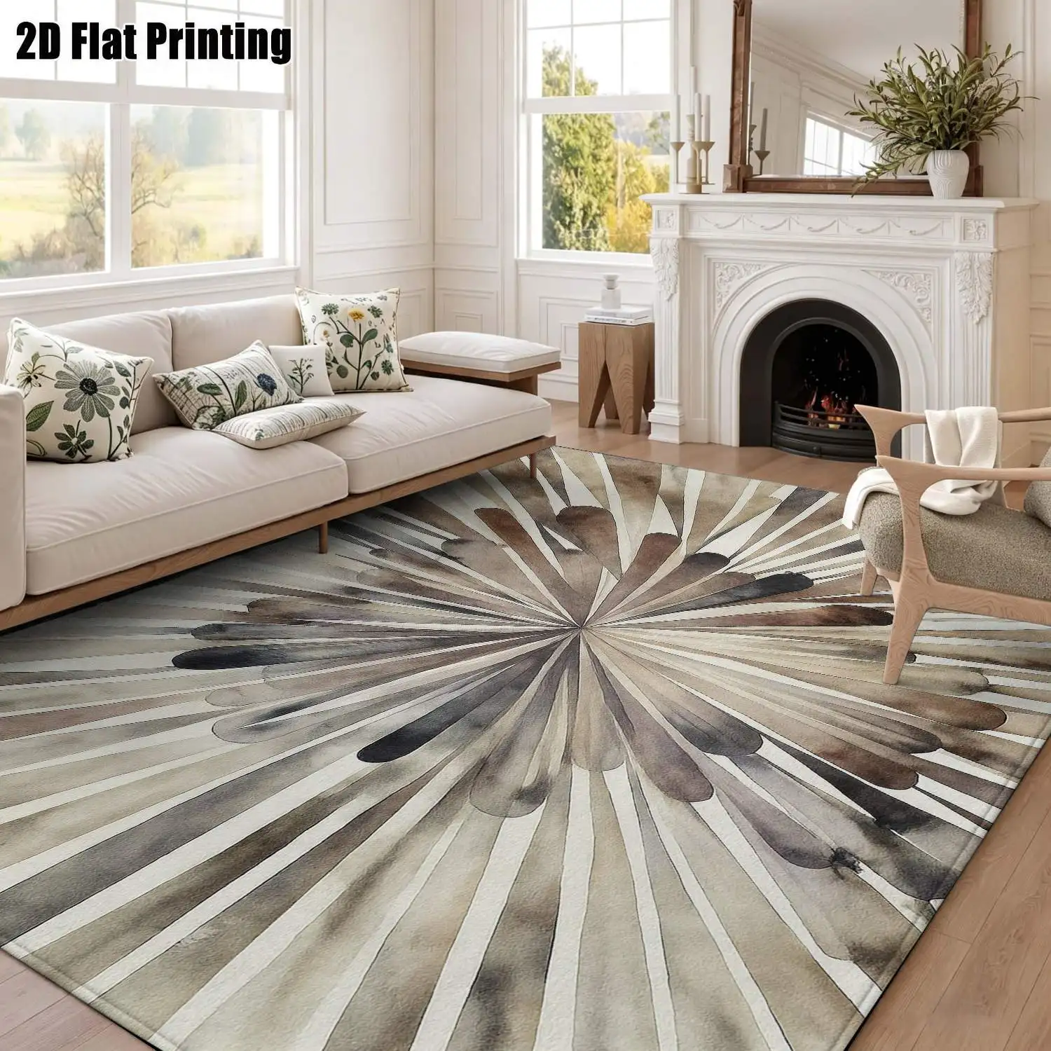 1Pc 2D Printed Carpet: Gray-Brown Abstract Radial Pattern, Nordic/Modern Minimalist Geometric Striped Abstract Art Style Home Decor, Multi-Size, Machine Washable, Ideal for Entryway, Living Room, Bedroom, Dining Room, Foyer.