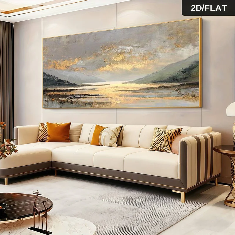 

2D Flat Modern Abstract Golden Landscape Canvas Wall Art, Frameless Minimalist Tranquil Lake Canvas Prints for Living Room Decor