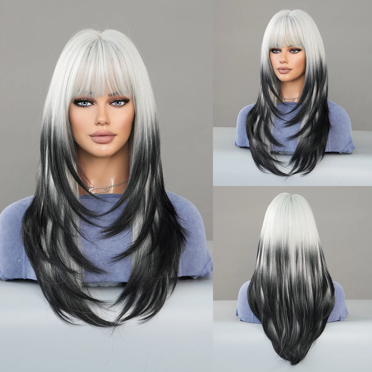 

PARK YUN Long Straight Silver White Gradient Wig With Bangs For Women Daily Party Cosplay Synthetic Wigs With Fluffy Bangs