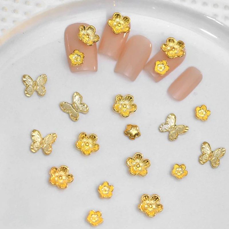 10PCS Goldene 3D Schmetterling Blume Nagel Dekoration Galvani Goldene Legierung Nagel Zubehör DIY Nail art Bohrer