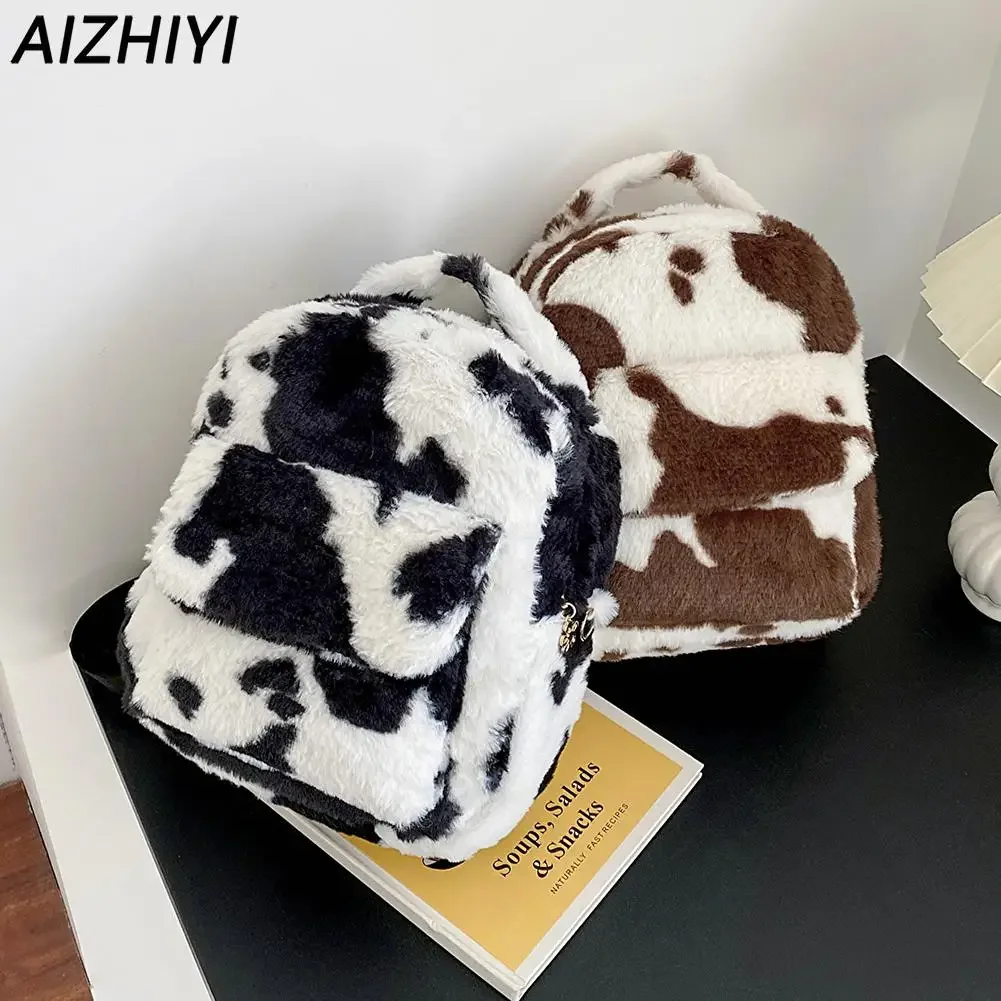 Milk Cow Pattern Women Backpack Autumn Winter Plush Backpacks Cute Fluffy Shoulder Bag Furry Handbags Casual Shopping Backpack