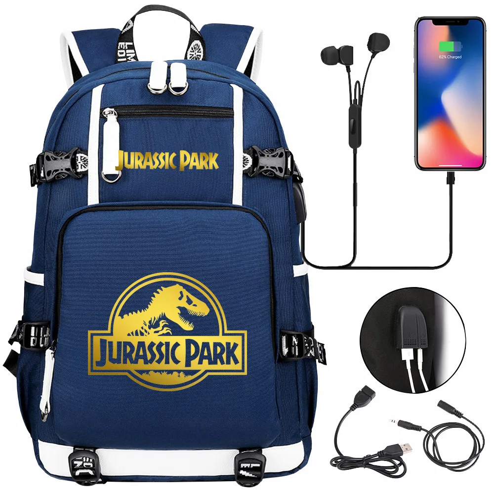 New Gold Jurassic Park Dinosaur USB Boy Girl Kids Book Bags Large Capacity Teenagers Schoolbags Women Men Laptop Travel Backpack