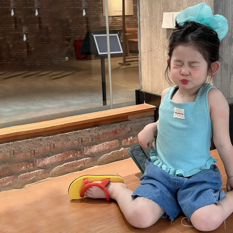 Girls Set 2026 Summer New Childrens Wear Korean Baby Girls Sleeveless Wooden Ear Waistcoat Denim Five-quarter Pants Two-piece