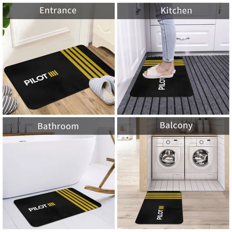 Pilot Captain Stripes Front Door Mat Anti-Slip Outdoor Quick Dry Aviation Airplane Doormat Floor Bath Entrance Rug Carpet