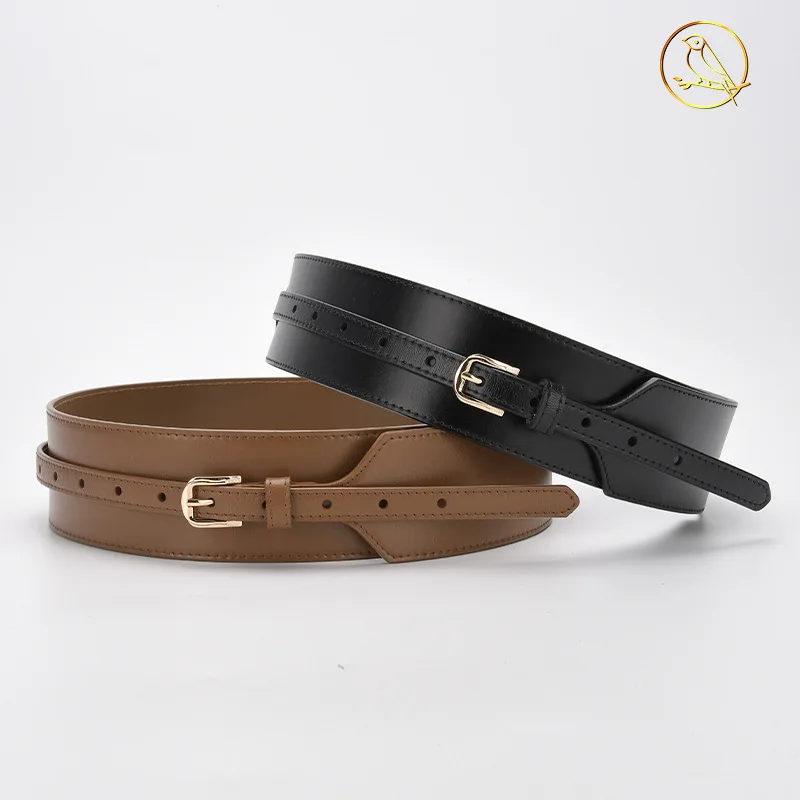 เข็มขัดหนังแท้กว้าง 5.8 ซม. หัวเข็มขัดแบบหมุด ดีไซน์ทันสมัย สไตล์วินเทจ สำหรับตกแต่งเสื้อโค้ท ชุดเดรส เข็มขัดรัดเอวสูงสำหรับผู้หญิง