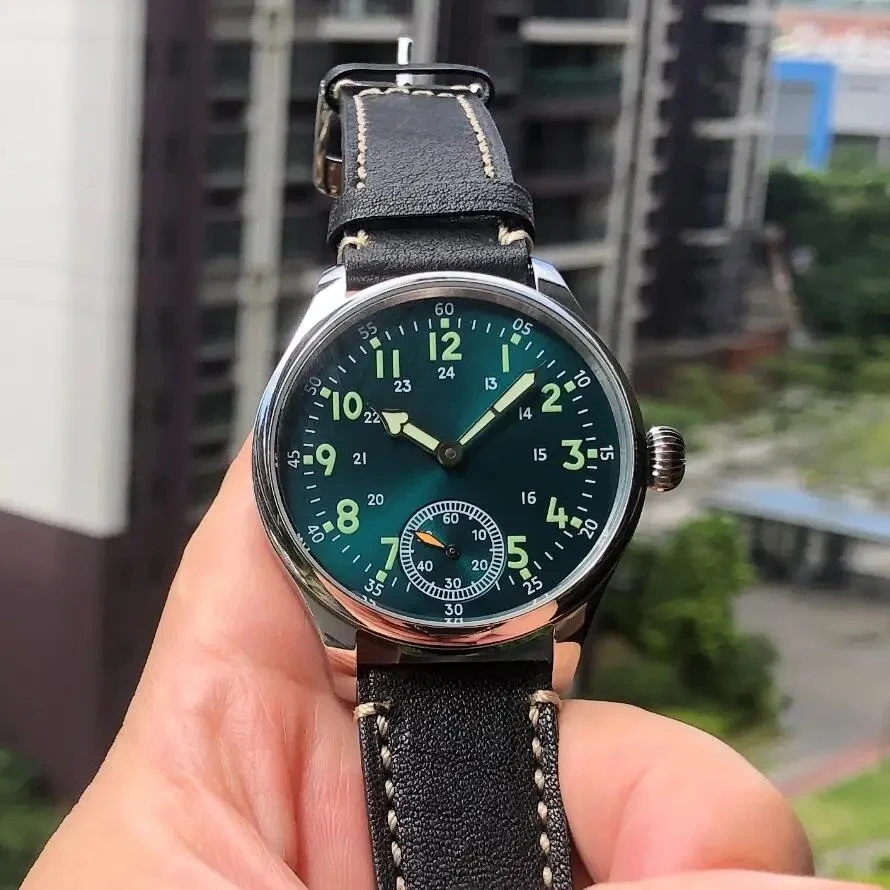 Can Customized New 41mm No Logo Green Luminous Bial Asian 6498 17 Jewels Mechanical Movement Pilot Men\'s Watch GR809-23