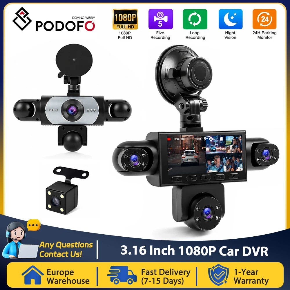 Podofo 5 Channels Car Dash Cam Including 480P Left Interior, Right Interior, And Rear View Cameras Video Recorder Rear View Loop Recording Night Vision Black Box Driving Assistance Cam Recorder