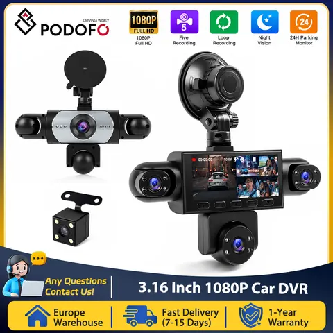 Podofo 5 Channels Car Dash Cam Including 480P Left Interior, Right Interior, And Rear View Cameras Video Recorder Rear View Loop Recording Night Vision Black Box Driving Assistance Cam Recorder