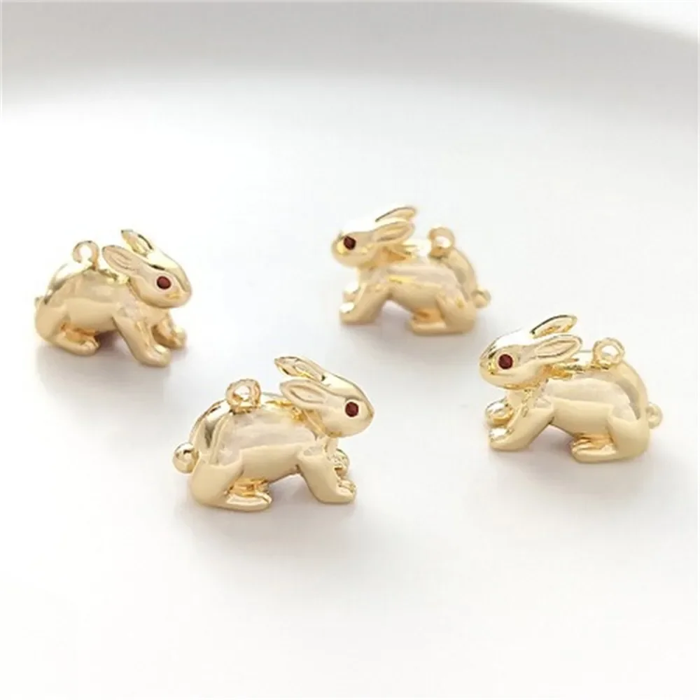 

14K Gold Wrapped Three-dimensional Cute Little Rabbit Pendant with Red Zirconium Eyes Moon Rabbit Pendant DIY Jewelry Pendant