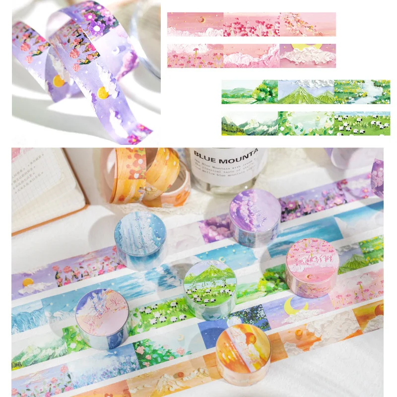 1 Roll Washi Tape Crayon Painting Printing Landscape Series Handbook Grassland Moon Sakura DIY Decorative Stickers