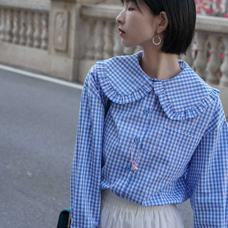 Blue Plaid Shirts Women Peter Pan Collar Loose Sweet Lovely Vintage Students Preppy Thin Spring Summer Ulzzang Causal Female