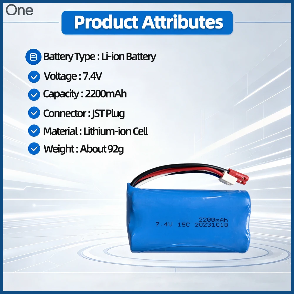 7.4V 2S Li-Ion Battery 2200mAh 15C JST Plug Rechargeable RC Battery Upgrade Spare Parts for UD1601 UD1603 UD1604 DU1607 RC Boat