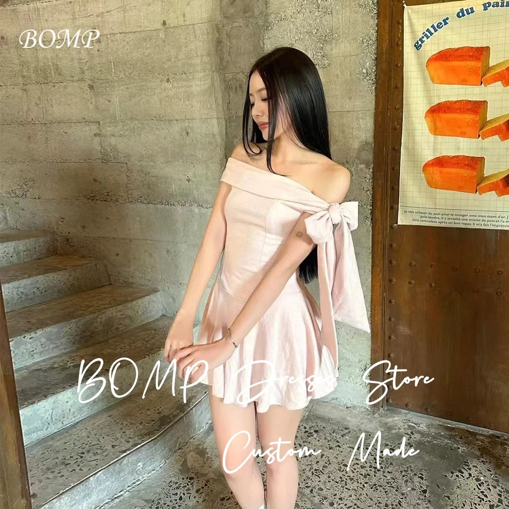 

BOMP Sweet Light Pink Wedding Party Dresses Sweetheart Off Shoulder Bow Ribbons Mini Special Occasion Bithday Dress Customized