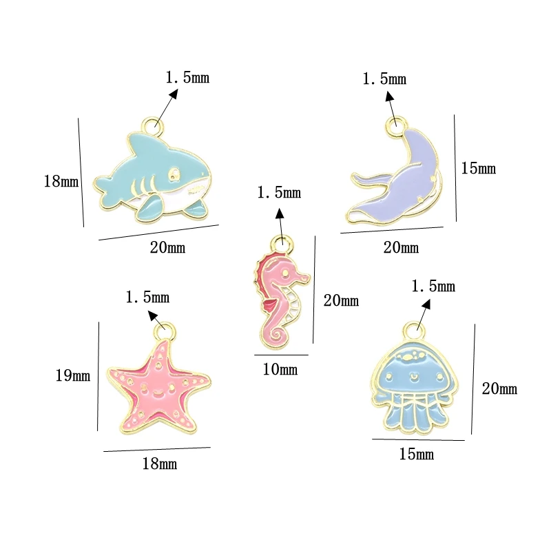 10pcs 5 Style Marine Life Enamel Charms Alloy Metal Hippocampus Shark Starfish Jellyfish Cartoon Pendants For DIY Jewelry Making