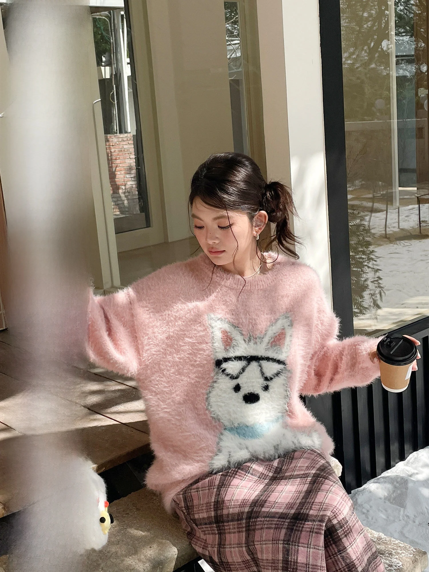 

Soft Pink Knitted Sweater Women's Autumn Winter Lazy Sle Cute Little Dog Design Comfortable Warmth Faionable plus Size