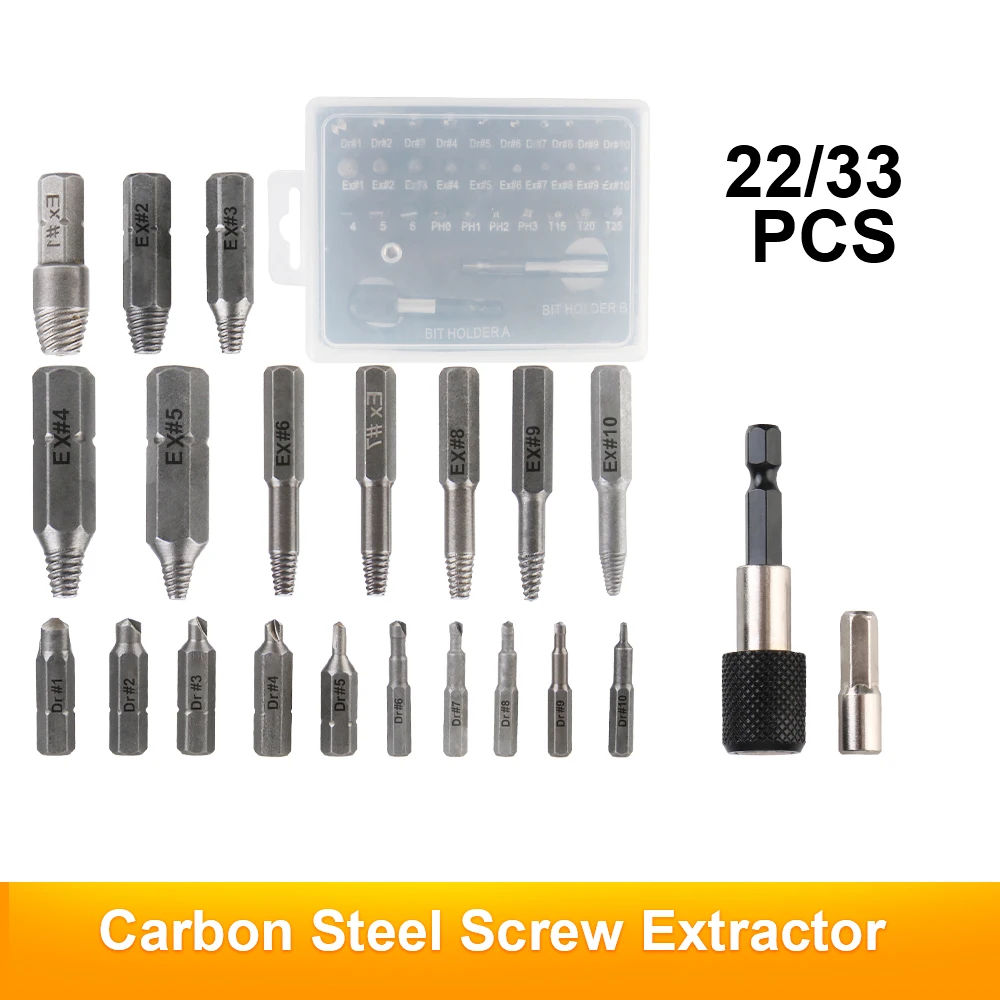 22/33Pcs Drill Bit Set Holder Damaged Screw Removal Tools Magnetic Extension Bit Broken Head Bolt Extractor Screw Extractor