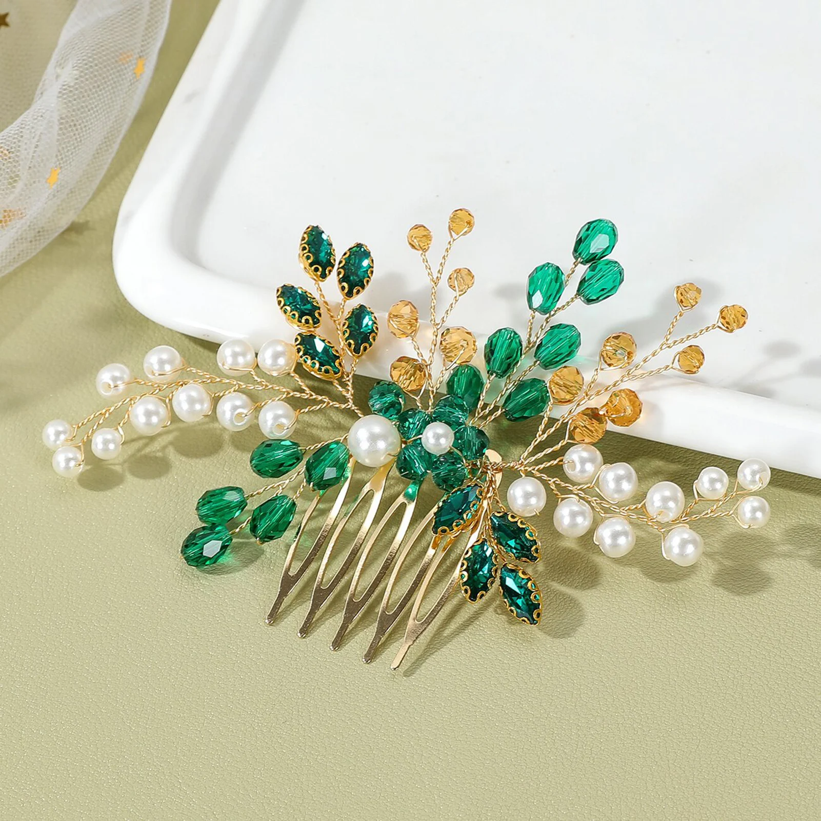 مشط شعر مضفر باللؤلؤ دبوس شعر على شكل كمثرى أخضر مع أوراق ذهبية لحفلات الزفاف وإكسسوارات شعر لحفلات الزفاف والتيجان العصرية