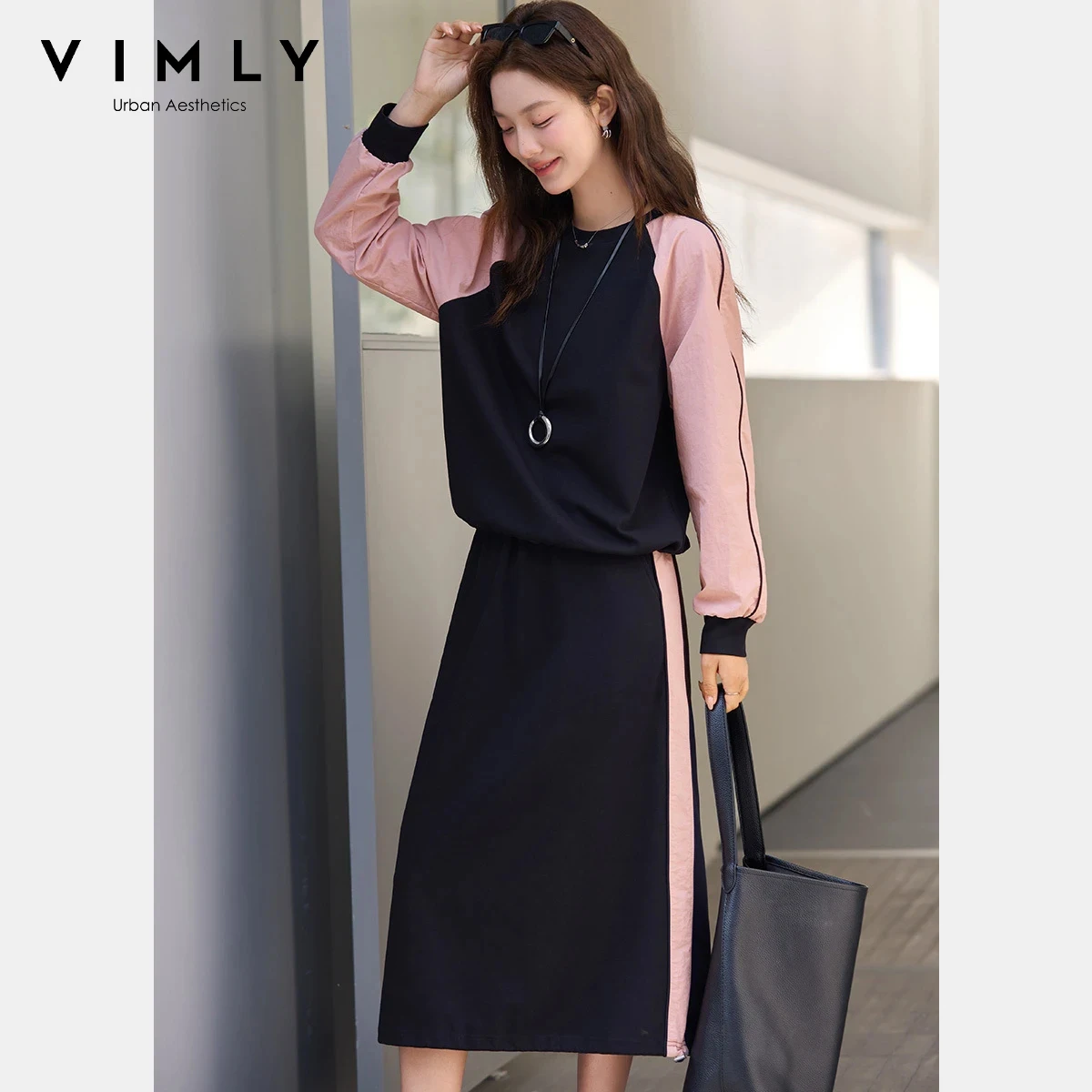

VIMLY Women’s Navy Blue Skirt Set 2026 Spring New Round Neck Raglan Sleeve Top Color Block Midi Skirt Two Piece Set Female A5035