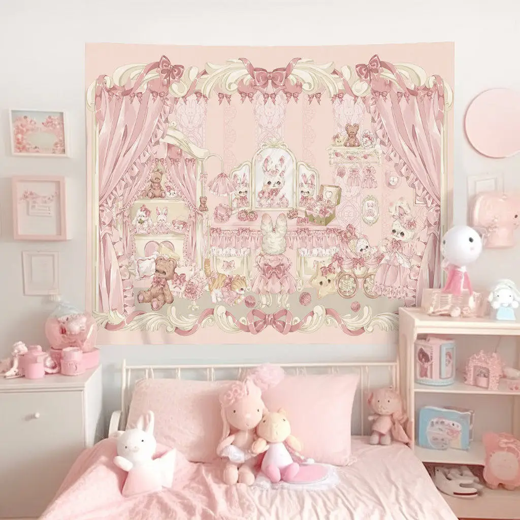 Cute Pink Lolita Angel Anime Tapestry Kawaii Rose Floral Wall Art Aesthetic Room Decor for large tapestry、large wall tapestry