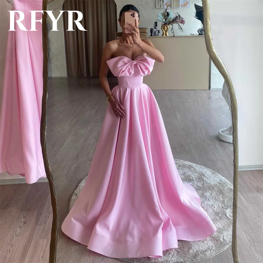 

RFYR Simple Pink Long Party Dresses A-Line Sexy Bow Night Dresses Pleats Satin Sweetheart Celebrity Dresses vestidos de fiesta