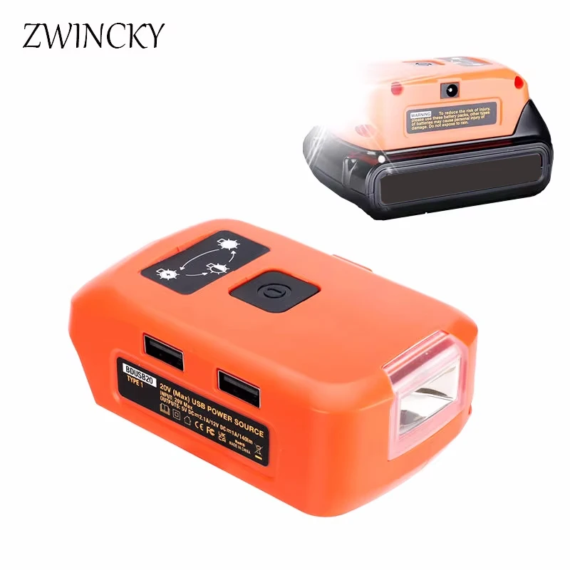 

Адаптер аккумулятора для Black & Decker Литий-ионный аккумулятор 14,4–20 В, светодиодный рабочий фонарь с двумя портами USB, 12 В постоянного тока, источник питания