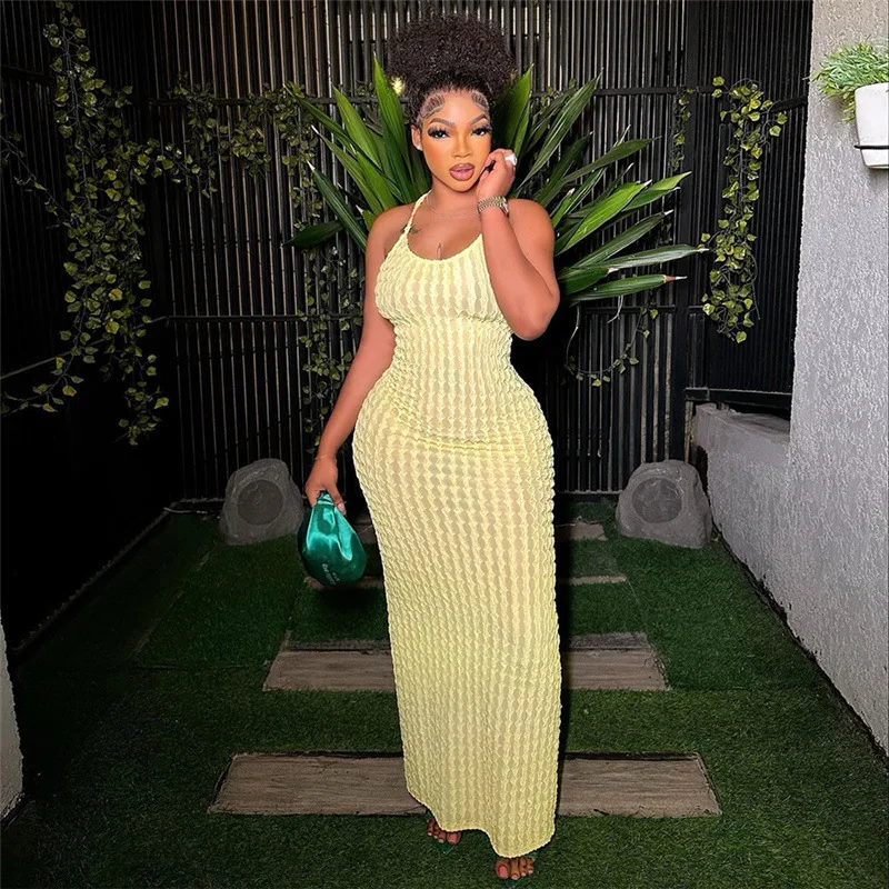 Sedutor vestido sem costas alça espaguete vestido de verão monocromático pipoca textura vestido elegante praia festa vestido de verão